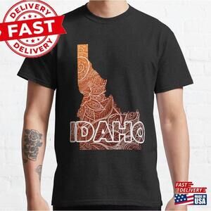 Colorful Mandala Art Map Of Idaho With Text In Brown T-Shirt